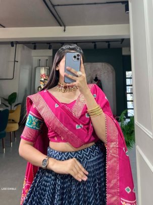 Royal Blue Foil Print With Patola Tussar Silk Lehenga