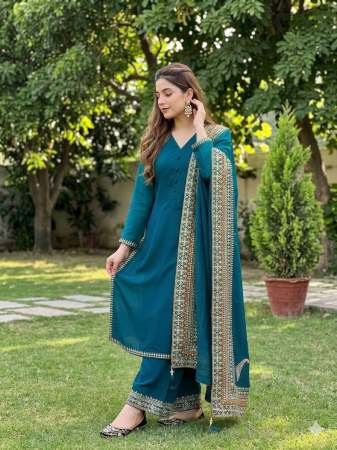 Rama Embroidered Kurta Palazzo Set With Dupatta 