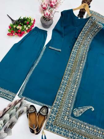 Rama Embroidered Kurta Palazzo Set With Dupatta