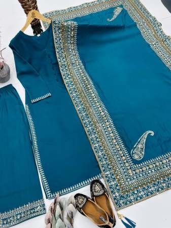 Rama Embroidered Kurta Palazzo Set With Dupatta