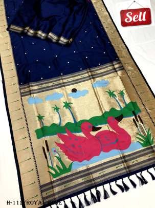 Royal Blue Kanchivram Silk Saree With Pink Printed Duck