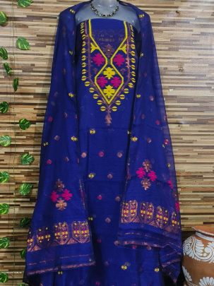 Royal Blue Latest Dhakai Jamdani Two Piece Dress Material