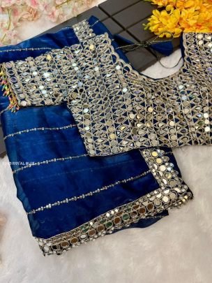 Royal Blue Mirror Work Silk Saree With Stitched Blouse