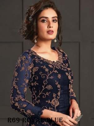 Royal Blue Sequence Work Pakistani unstitched Net Koti Suits