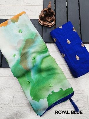 Royal Blue Shibori Printed Chiffon Saree With Mirror Work