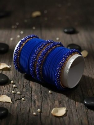 Royal Blue Velvet Bangle Set With Beaded Kada