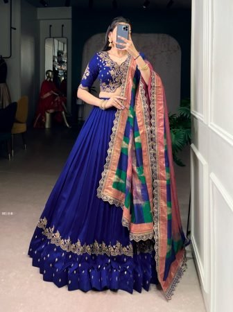 Royal Blue Vichitra Silk Lehenga Choli With Foil Print Dupatta 
