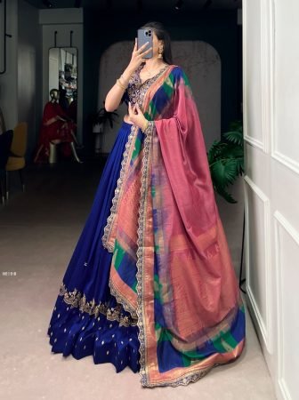 Royal Blue Vichitra Silk Lehenga Choli With Foil Print Dupatta