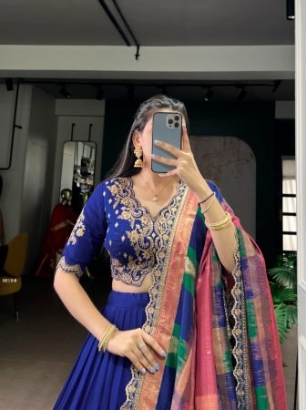 Royal Blue Vichitra Silk Lehenga Choli With Foil Print Dupatta