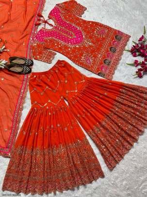 Royal Embroidered Georgette Orange Kurti with Flared Sharara Set