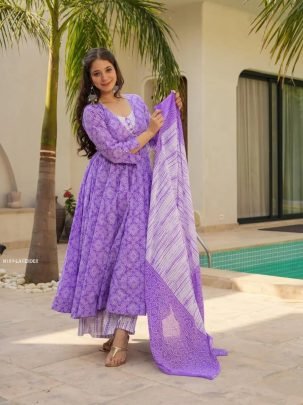 Royal Lavender Printed Anarkali Kurti Set with Dupatta