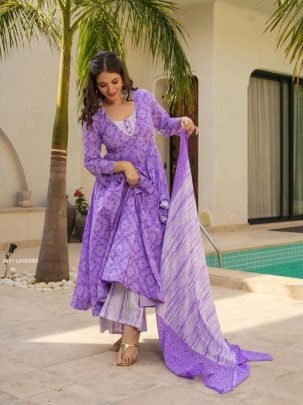 Royal Lavender Printed Anarkali Kurti Set with Dupatta