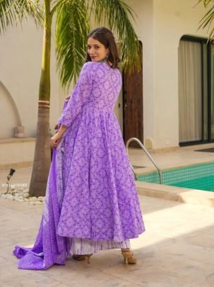 Royal Lavender Printed Anarkali Kurti Set with Dupatta