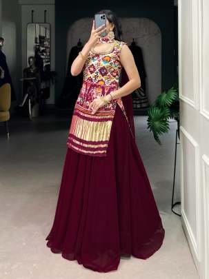 Royal Maroon Handwork Flared Plazzo Set With Traditional Touch 