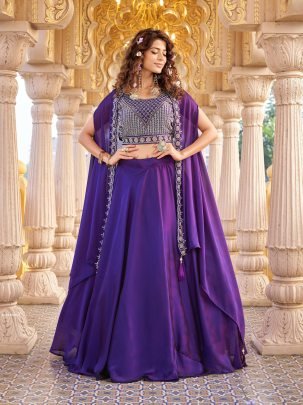 Royal Purple Rangoli Silk Lehenga with Heavy Embroidered Blouse And Cape Shrug