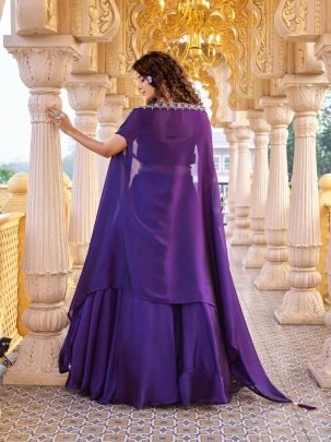 Royal Purple Rangoli Silk Lehenga with Heavy Embroidered Blouse And Cape Shrug