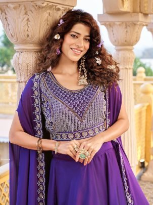 Royal Purple Rangoli Silk Lehenga with Heavy Embroidered Blouse And Cape Shrug
