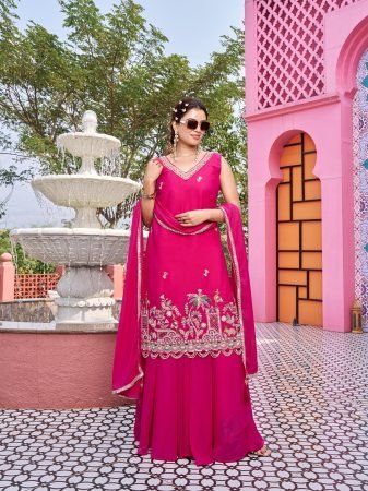 Royal Rani Pink Embroidered Suit Set With Peacock   Floral Embroidery Work