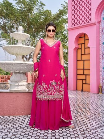 Royal Rani Pink Embroidered Suit Set With Peacock   Floral Embroidery Work