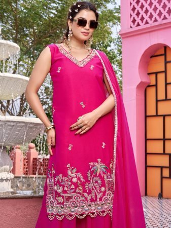 Royal Rani Pink Embroidered Suit Set With Peacock   Floral Embroidery Work