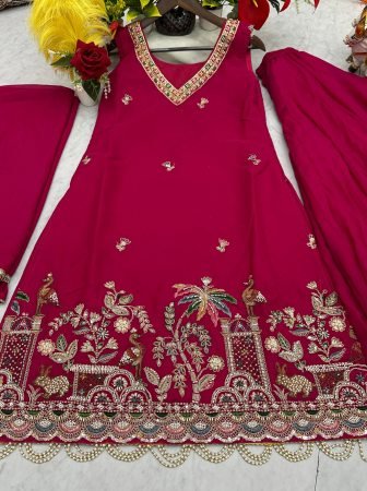 Royal Rani Pink Embroidered Suit Set With Peacock   Floral Embroidery Work