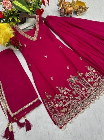 Royal Rani Pink Embroidered Suit Set With Peacock   Floral Embroidery Work