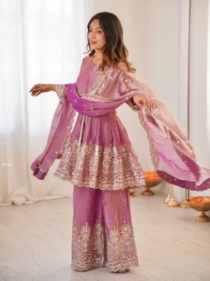 Royal Silk Peplum Sharara Set with Heavy Sequin Embroidery