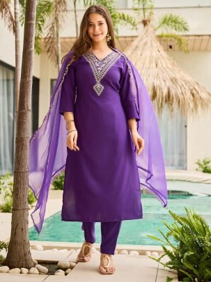 Royal Violet Embroidered Kurti with Sheer Dupatta