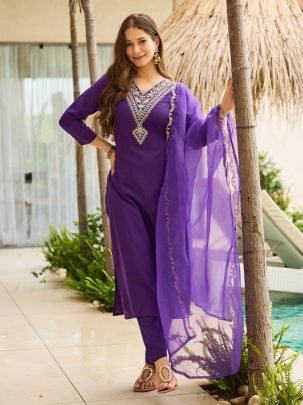 Royal Violet Embroidered Kurti with Sheer Dupatta