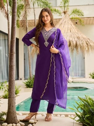 Royal Violet Embroidered Kurti with Sheer Dupatta