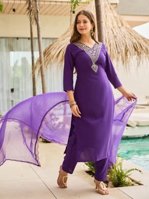 Royal Violet Embroidered Kurti with Sheer Dupatta