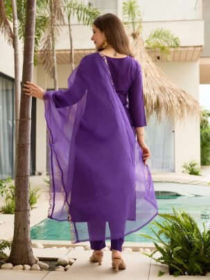 Royal Violet Embroidered Kurti with Sheer Dupatta