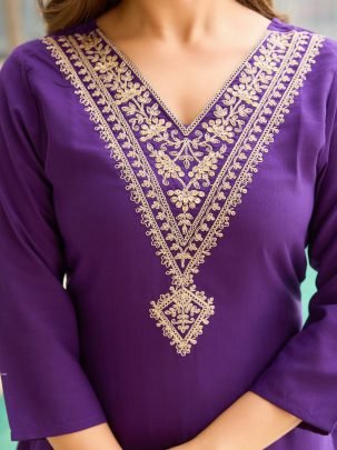 Royal Violet Embroidered Kurti with Sheer Dupatta