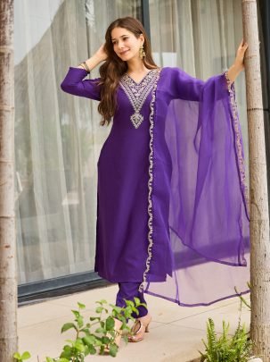 Royal Violet Embroidered Kurti with Sheer Dupatta