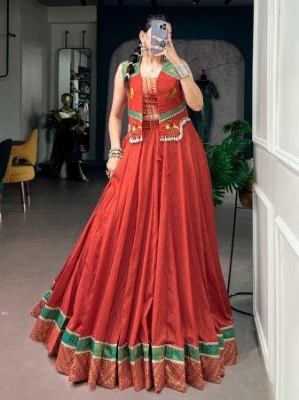 Rust Orange 8 Meter Flair Navratri Lehenga Choli
