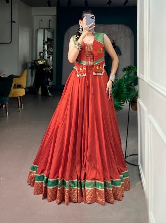Rust Orange 8 Meter Flair Navratri Lehenga Choli