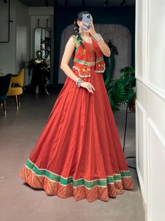 Rust Orange 8 Meter Flair Navratri Lehenga Choli