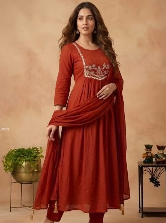 Rust Orange Cambric Cotton Kurti And Pant With Dupatta