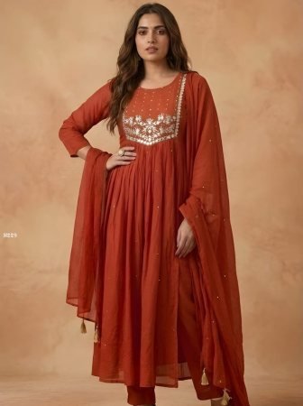 Rust Orange Cambric Cotton Kurti And Pant With Dupatta