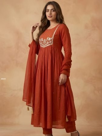 Rust Orange Cambric Cotton Kurti And Pant With Dupatta