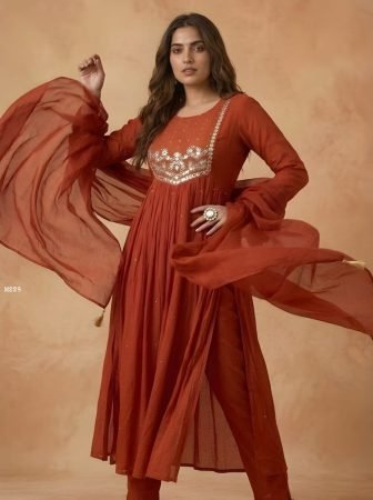 Rust Orange Cambric Cotton Kurti And Pant With Dupatta