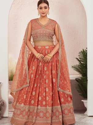 Rust Orange Dola Silk Embroidered  Stitched Lehenga Choli