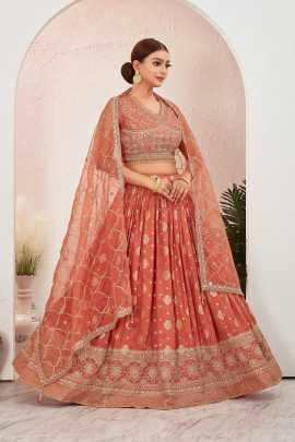 Rust Orange Dola Silk Embroidered  Stitched Lehenga Choli