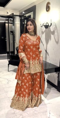 Rust Orange Silk Embroidery Sharara Suit For Eid