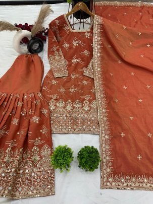 Rust Orange Silk Embroidery Sharara Suit For Eid