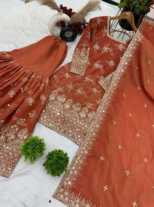 Rust Orange Silk Embroidery Sharara Suit For Eid