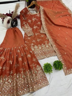 Rust Orange Silk Embroidery Sharara Suit For Eid