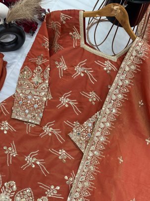 Rust Orange Silk Embroidery Sharara Suit For Eid