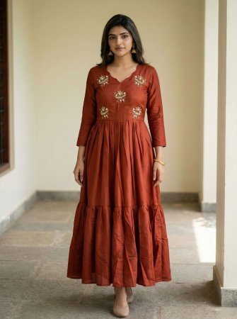 Rust Orange Soft Roman Silk Handwork Kardana Gown