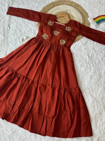 Rust Orange Soft Roman Silk Handwork Kardana Gown